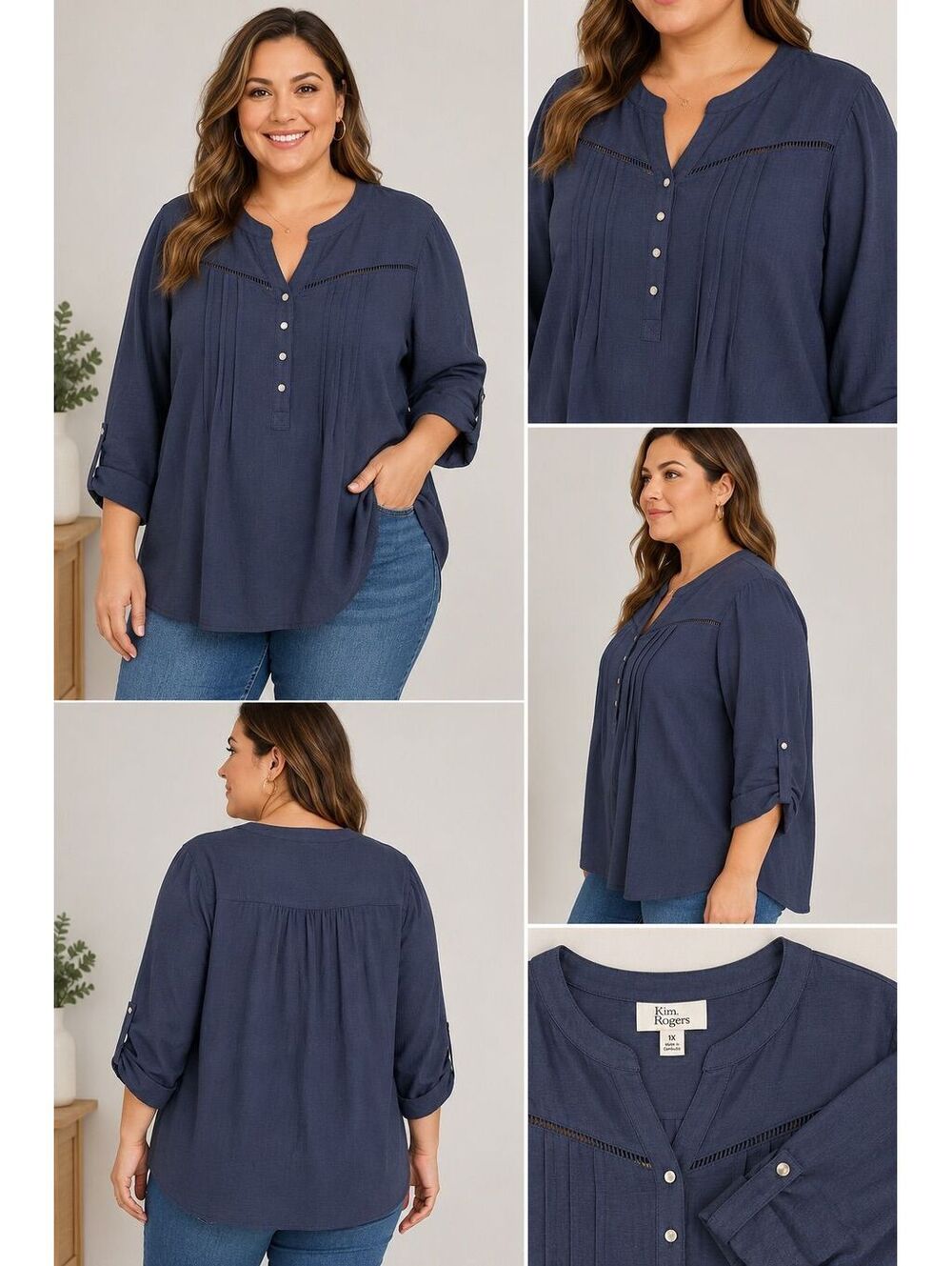 266. NWT! Kim Rogers•Airflow Henley Blouse•Navy•Lightweight Roll Tab Sleeve•1X